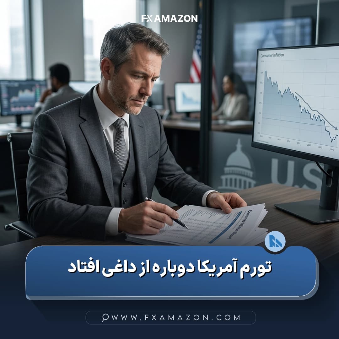 نمودار یا نمایش دادههای تورم آمریکا در کنار فضای معاملاتی بازار ارز که به کاهش نرخ تورم و اثر آن بر دلار اشاره دارد.