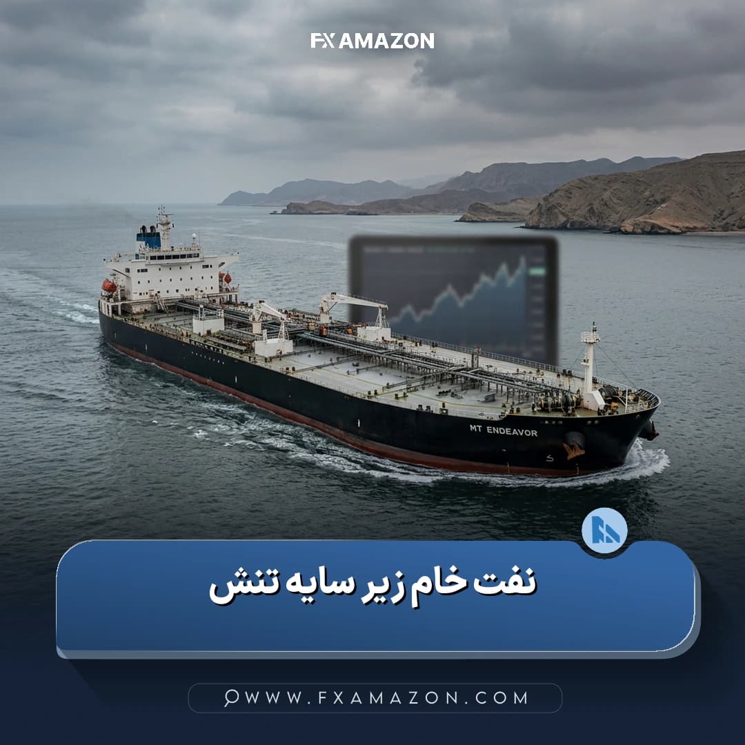 نمودار صعودی قیمت نفت خام در کنار اشاره به افزایش تنش میان آمریکا و ایران و اثر آن بر بازارهای جهانی
