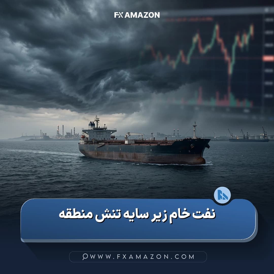 نمودار یا نمایش قیمت نفت خام در کنار اشاره به افزایش تنشهای خاورمیانه و اثر آن بر بازارهای مالی