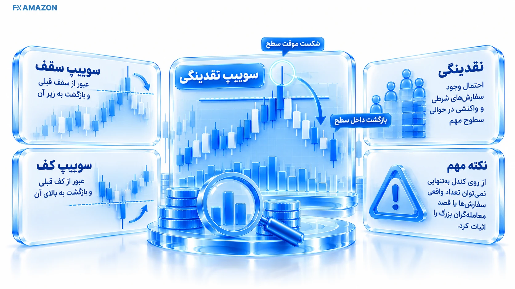 چگونه سوییپ در نمودار تشکیل میشود نمودار کندلی عبور کوتاه قیمت از خط سقف مرجع و بستهشدن دوباره زیر همان خط، با علامت ناحیه بازگشت