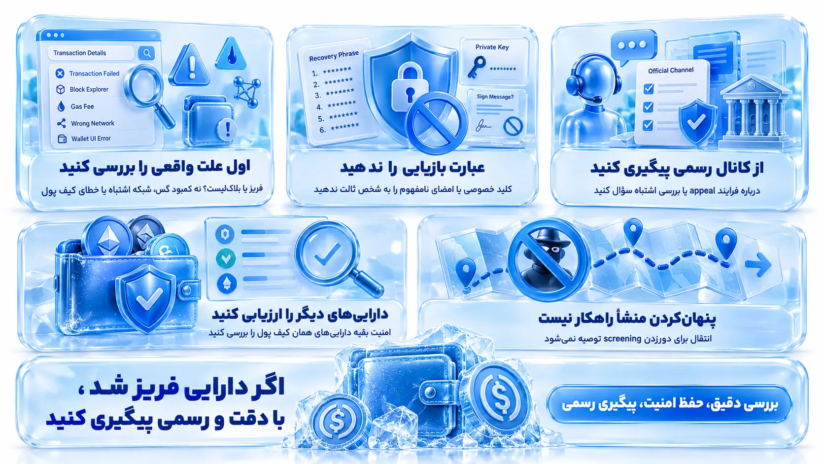 تصویر آموزشی برای توضیح اگر USDT یا USDC روی آدرس فریز شده با تمرکز بر تفاوت دسترسی، custody و کنترل دارایی