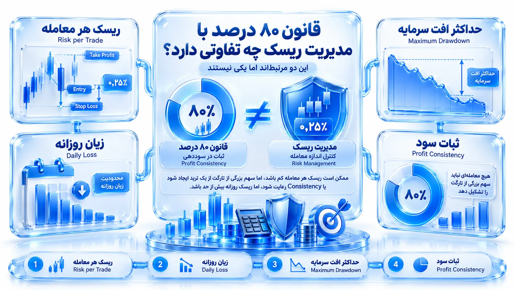 اینفوگرافیک قانون ۸۰ درصد با مدیریت ریسک چه تفاوتی دارد؟ در چارچوب قوانین پراپ